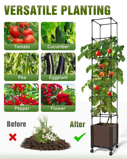 Jayhalo 71inch Planter Boxes Outdoor, 3-in-1 Planter Box with Trellis with Wheels for Growing Vegetables, 6 Layer Tomato Cage with Tomato Planters, Self Watering for Indoor Outdoor Use