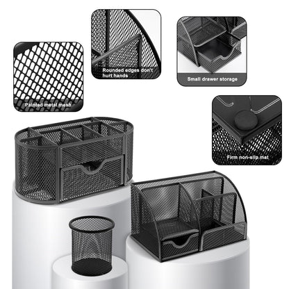 17 in 1 Black Desk Organizers and Accessories Set, 3 Office Desk Supplies Storage Organization, 4 Pens, Stapler, Staples & Remover, Tape & Dispenser, Scissors, Ruler, Clips, Hole Punch, Back to School
