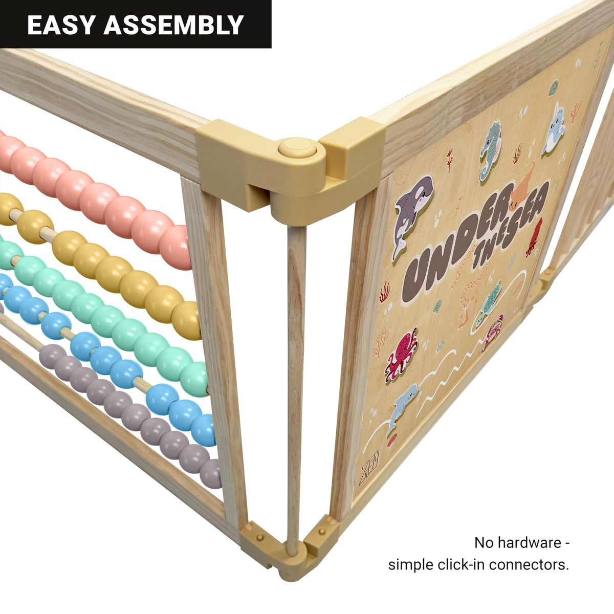 Wooden Playpen Extra Large for Toddlers and Babies - Under The Sea Theme Toy Design - (8/10) Wood Panels - Foldable and Adjustable Baby Play Yard- Extra Large Baby Playpen (10-Panels)