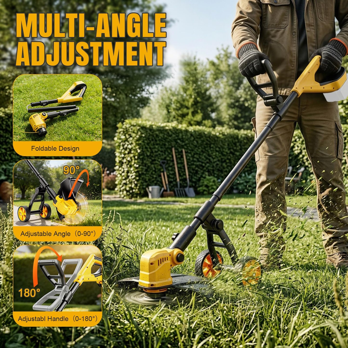 3 in 1 Cordless String Trimmer Compatible with Dewalt 20V Battery (NO Battery), 14" Electric Weed Wacker with Wheel, Lightweight Battery Powered Weed Eater/Edger Trimmer/Grass Trimmer w/8 Line Spools