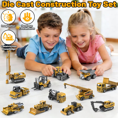 12 Pack Diecast Construction Toys, Mini Alloy Engineering Vehicle Car Set for Kids 3 4 5 6 7 8 Years Old, Excavator Truck Toys for Birthday Party Favors Cake Decorations Gifts(Yellow)