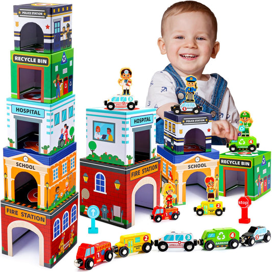 Baby Stacking Toys for Toddlers, Magnetic Wooden Cars & Garage Sorting Community Helpers Preschool Educational Learning Montessori Toys Birthday Gifts for Kids Number Blocks Nesting Boxes