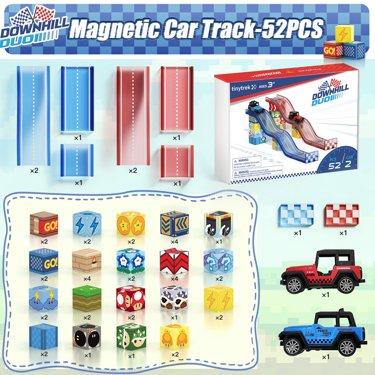 tinytrek Magnetic Tiles Race Track Set, 52PCS STEM Educational Magnetic Building Blocks with 2 Race Cars, Montessori Sensory Travel Toys for Kids 3 4 5 6 7 8, Birthday for Boys & Girls
