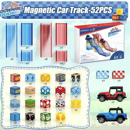 tinytrek Magnetic Tiles Race Track Set, 52PCS STEM Educational Magnetic Building Blocks with 2 Race Cars, Montessori Sensory Travel Toys for Kids 3 4 5 6 7 8, Birthday for Boys & Girls