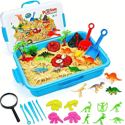Vectronum Dinosaur Sensory Bin with Lid - 2.64lbs Sand, Archaeology Tools, Dino Figures & Skeletons, Sensory Kit for Boys Toddlers, Dinosaur Toys for Kids 3 4 5 6 7+ Year Old Christmas Birthday Gift