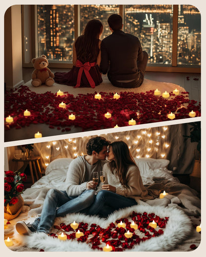 Amagic 2000 Pieces Artificial Rose Petals with 24 Heart LED Tea Lights Candles Kit, Rose Petals and Candles Set for Proposal, Anniversary, Special Romantic Night, Wedding Table Decor, Birthday