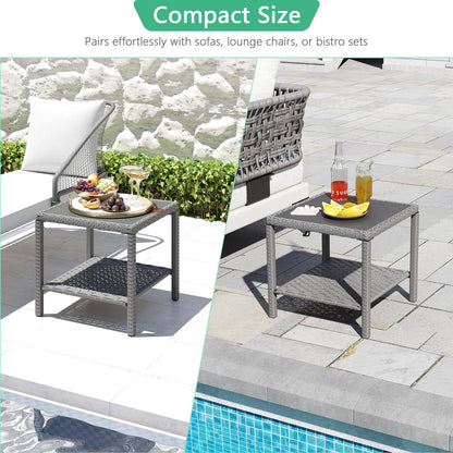 Helios&Hestia Square All Weather Rattan Wicker Outdoor Coffee Side End Table with Glass Top for Patio, Deck, Backyard, Garden, Grey