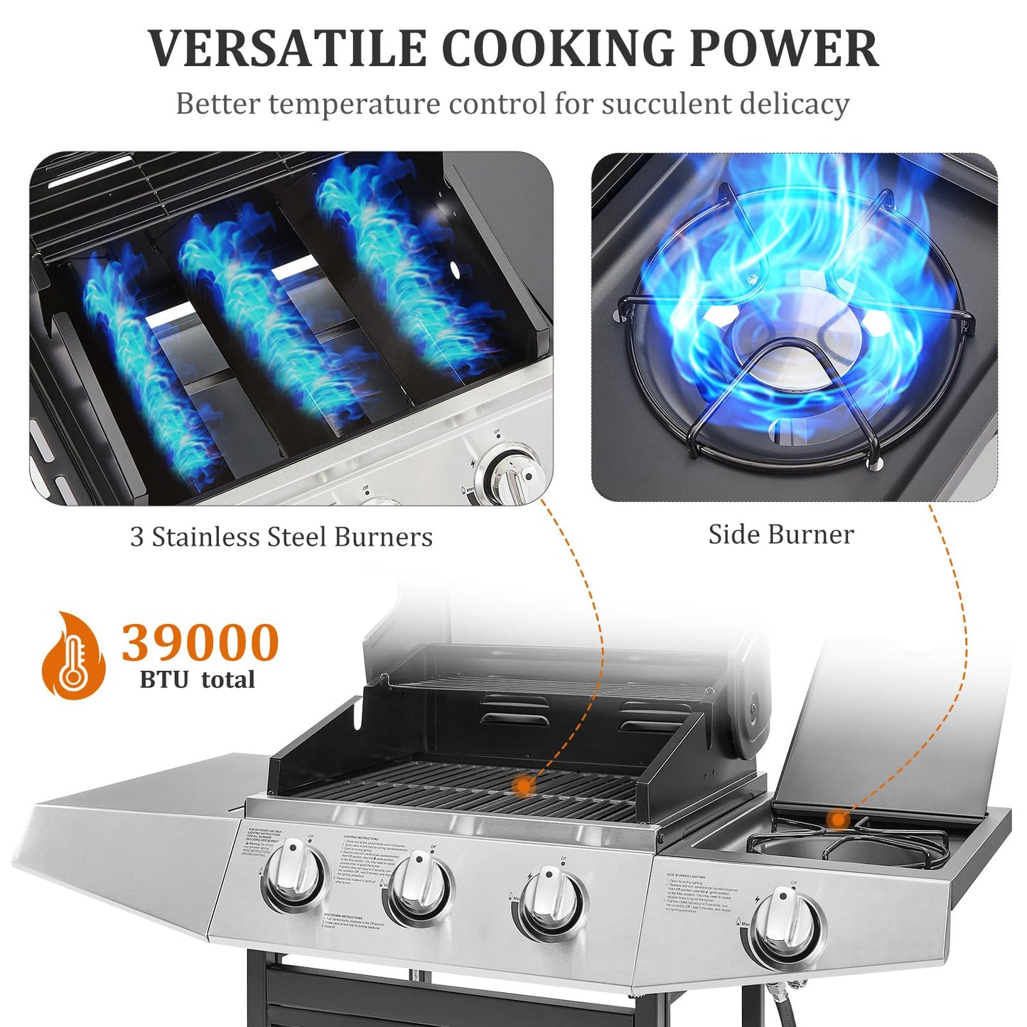 Unovivy 3-Burner Propane Gas BBQ Grill with Side Burner & Porcelain-Enameled Cast Iron Grates Built-in Thermometer, 39,000 BTU Outdoor Cooking, Patio, Garden Barbecue Grill, Black and Silver