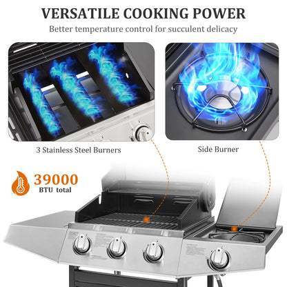 Unovivy 3-Burner Propane Gas BBQ Grill with Side Burner & Porcelain-Enameled Cast Iron Grates Built-in Thermometer, 39,000 BTU Outdoor Cooking, Patio, Garden Barbecue Grill, Black and Silver