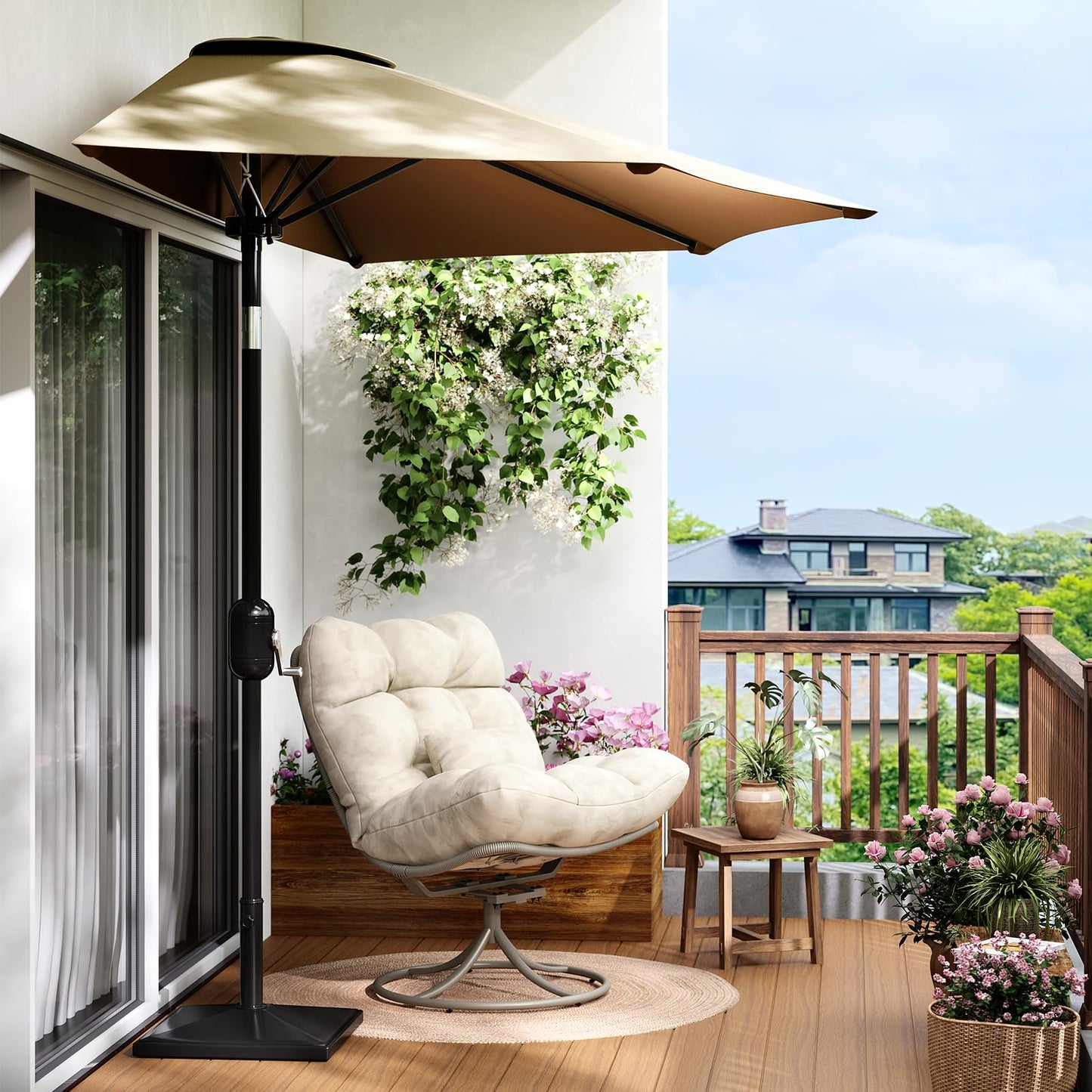 Garvee Patio Umbrella 9FT - Half Umbrella Outdoor with Smooth Crank Lift, Outdoor Shade Canopy for Patio, Backyard, Garden, Deck, Balcony -Tan