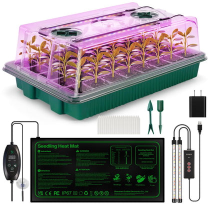Qmioti Seed Starter Tray with Grow Light & Heating Mat, Digital Temperature Control, 40-Cell Seed Starter Kit with Humidity Dome, Reusable Seed Starter for Indoor Planting Seeds