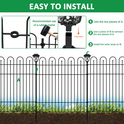 Garden Fence Animal Barrier with Lights & Gate, 32 in (H) x23.6ft (L) Decorative Garden Fence, 10 Panels No Dig, Rustproof Metal Temporary Fence, for Outdoor, Yard, Patio