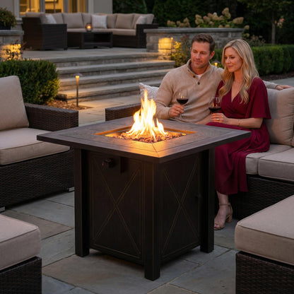 HOTEAGLE 30" Propane Fire Pit with Premium Ceramic Tabletop, 50000 BTU Powerful Gas Firepit Table - Includes Lid and Lava Rocks, Ideal Outdoor Fire Pit for Dining, Party in Patio, Garden, Yard