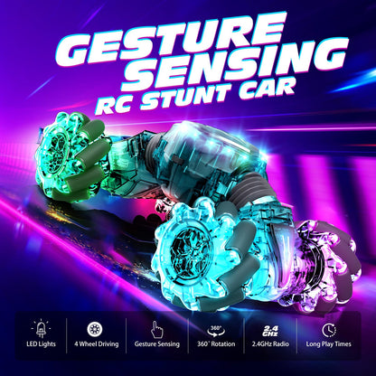 Tecnock Remote Control Car for Boys Girls, 2.4GHz 4WD Gesture Sensing RC Stunt Car Toys - 360° Rotating Double Sided Hand Controlled RC Cars with LED Lights, Gifts for Kids Ages 6-8, 8-12