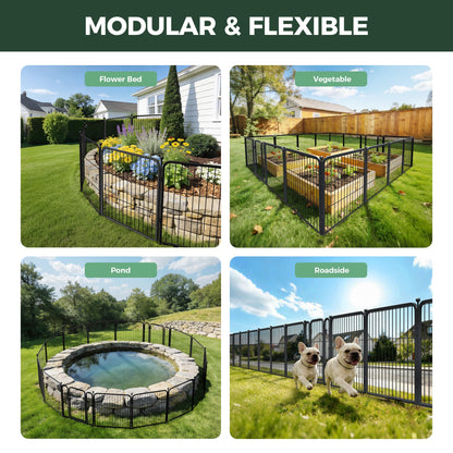 FXW Garden Fence Outdoor for the Yard – 24in(H) x 30.4ft(L) Heavy Duty Metal Animal Barrier for Dog, No Dig Decorative Dog Fence, 16 Panels, Black