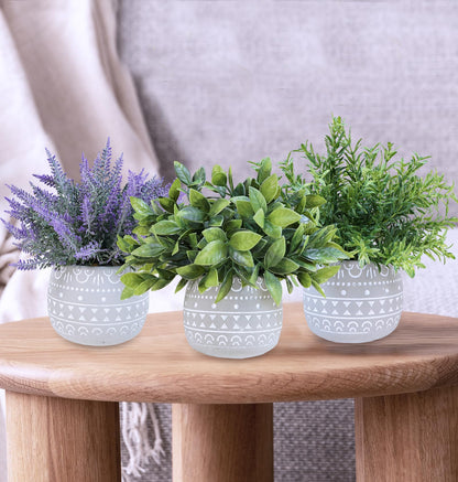 Winlyn Faux Potted Plants Set of 3 – Artificial Lavender Flower, Rosemary, Boxwood in Gray Geometric Concrete Pots for Wedding Home Living Room Table Centerpiece Windowsill Shelf French Boho Décor