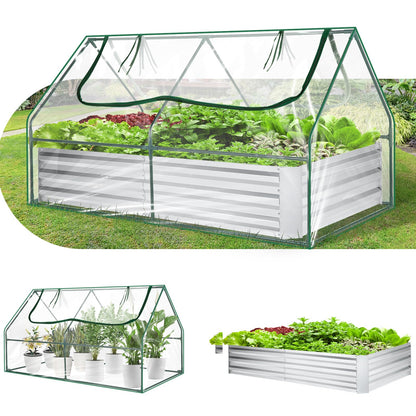 SEJOV 6x3x1ft Galvanized Raised Garden Bed with Cover & 2 Large Windows, Mini Greenhouses for Outdoors, Metal Planter Box Kit for Vegetables Flowers Herbs, 1 Pair of Gloves Included, Clear