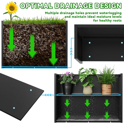 POOAMY Metal Planter, 38L x 10W x 30H, Heavy Duty Tall Planters for Outdoor Plants, Black Planters with Removable Insert Shelf, Large Planters with Drainage Holes for Porch, Patio and Yard, Black