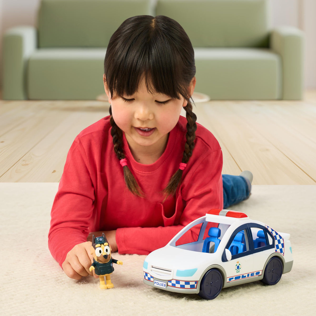 Bluey Police Car Toy, Vehicle from The Special Episode The Sign. Includes Toy Police Car with Flashing Lights & Sounds, Policeman Figure, and Themed Sticker Set. Batteries Included.