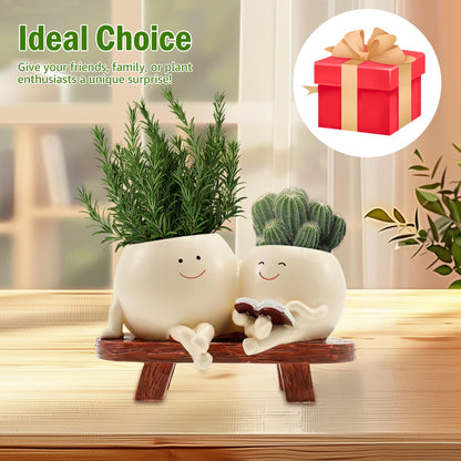 SYKUIHSG Smily Face Planter Pot, Cute Resin Flower Double Head for Indoor Outdoor, Creative Succulents Plantings Flower Pot with Drainage Hole, Present Ideal for Mother, Friend