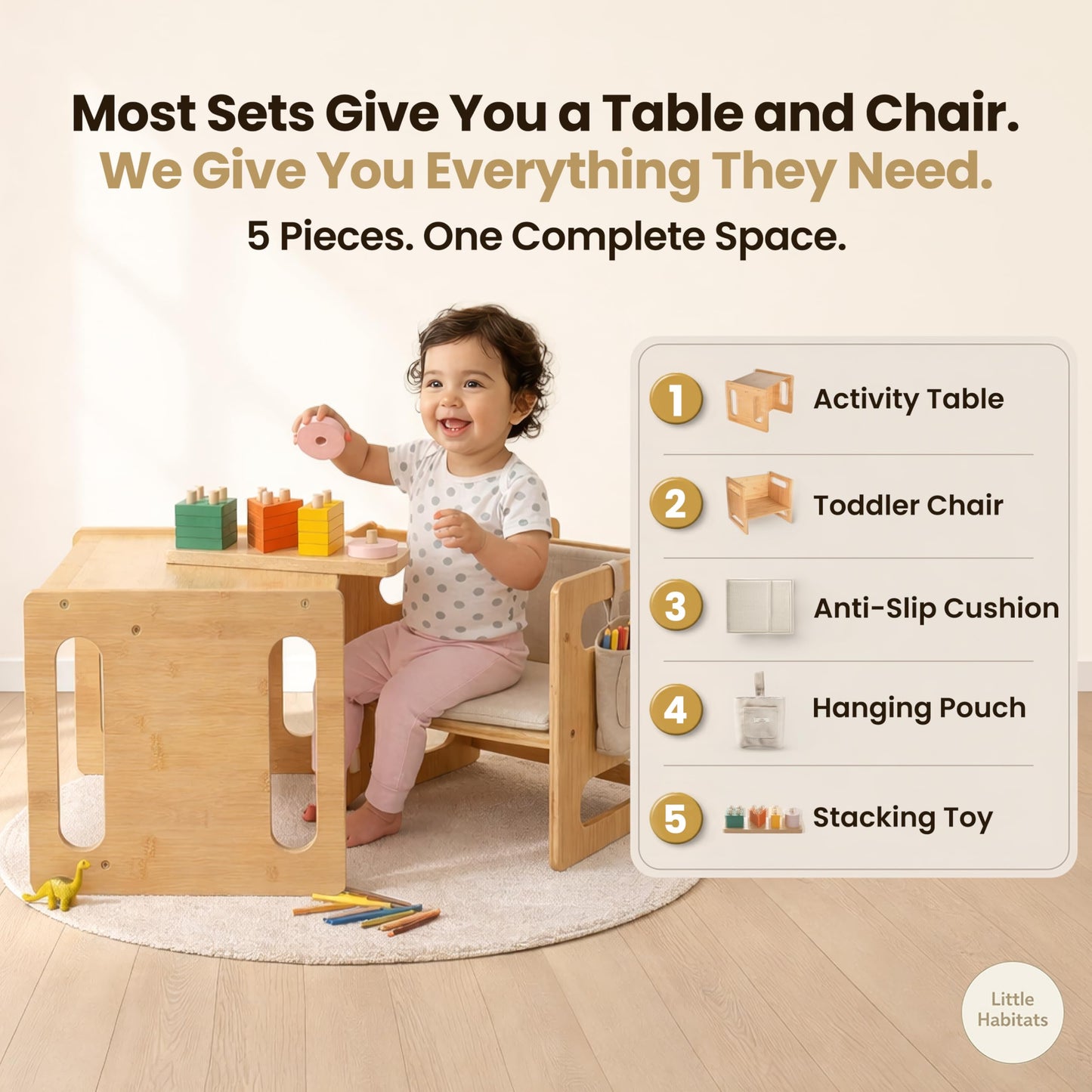 Little Habitats Montessori Weaning Table & Chair Set – Kids Desk & Activity Table with Flip Chair, Removable Cushion, Hanging Pouch & Toy, Convertible, Indoor/Outdoor Toddler Dining, Play & Learning