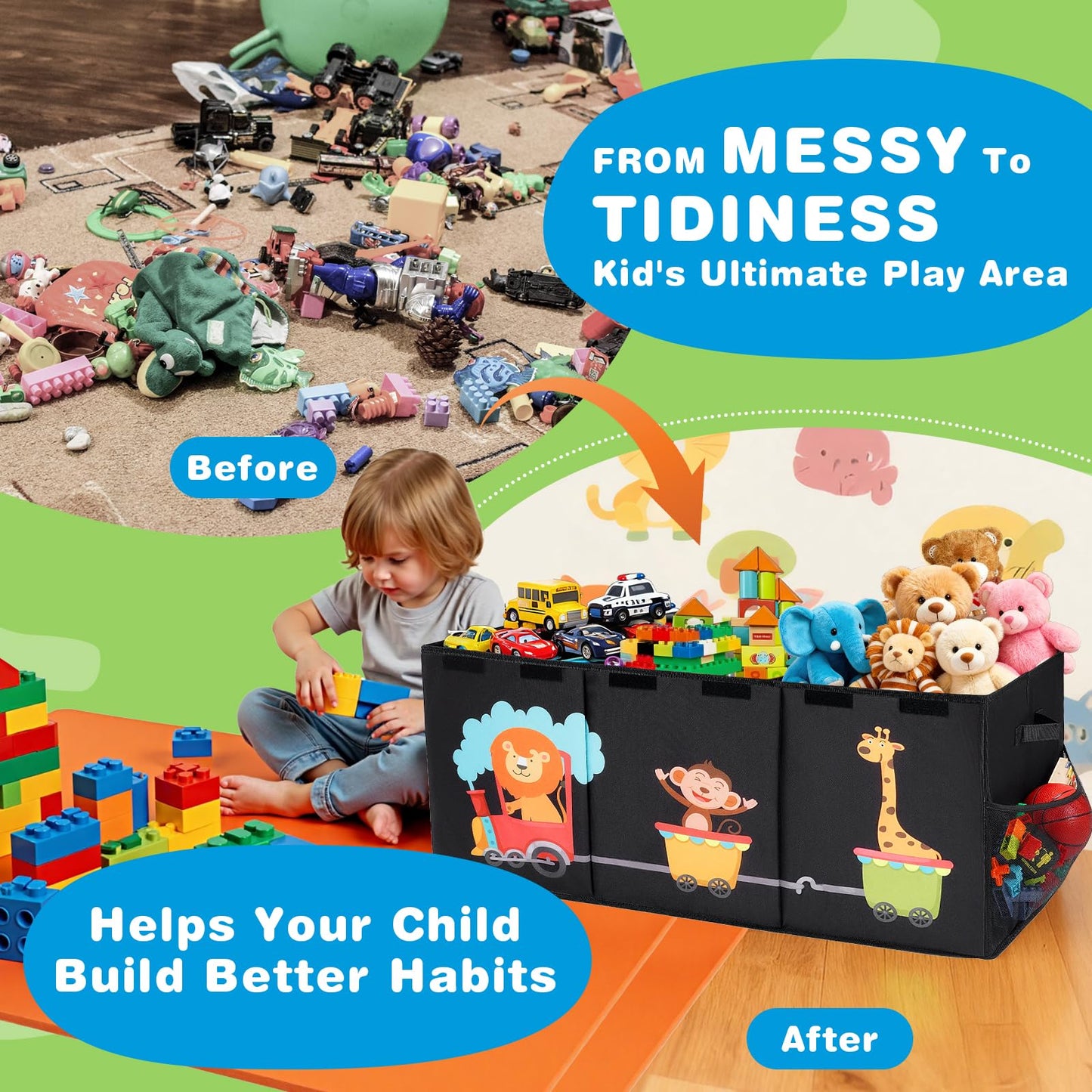 Maxuni XL Toy Box - Toy Storage Bins with lids, Collapsible Toy Chest for Boys Girls, Kids Big Toy Organizer with Adjustable Dividers for Living Room Area, Playroom, Bedroom，38"x16"x14"
