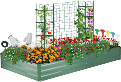ONCEMORE Galvanized Raised Garden Bed for Vegetables Flowers Herbs, Metal Raised Garden Bed Kit with 2 PCS Tomato Cage, Gloves, Trellis Netting, Plant Labels, Plant Ties, Green 6×3×1FT