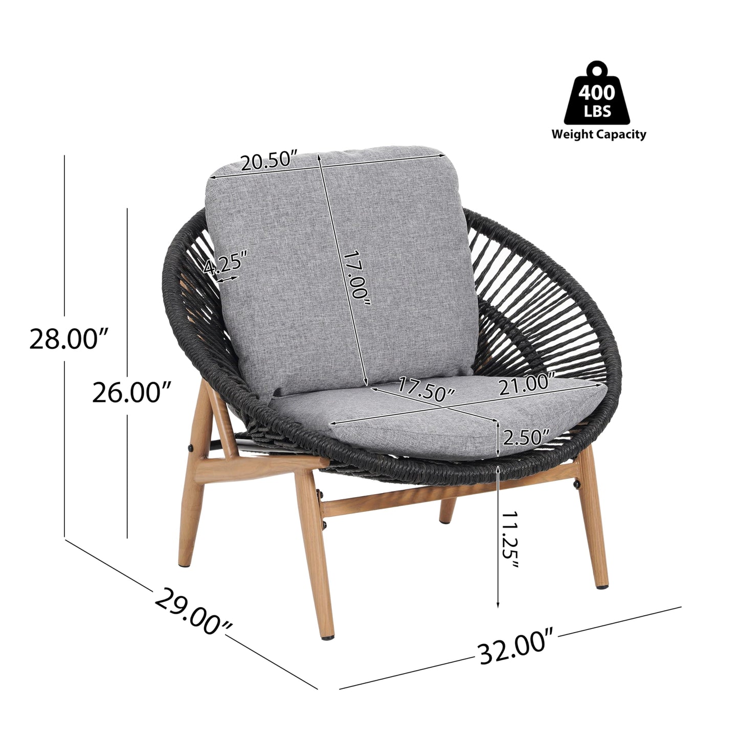 Merax Outdoor Wicker Papasan Chair Set of 2, Rattan Patio Papasan Egg Lounge Chair with Cozy Cushion, Low Seat Round Chair for Backyard Balcony Garden Poolside, All-Weather, Easy Assembly, Grey