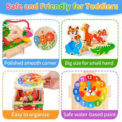 Wooden Activity Cube | Montessori Toys for 1-2 Year Old Toddlers | One Year Old 1st First Birthday Gift | Developmental Toys for 12 Months Baby Boys Girls | Bonus Sorting & Stacking Board (Pink)