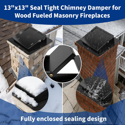 13"x13" Top Mount Chimney Damper with Hand Crank Controller, Thickened Galvanized Steel Fireplace Damper for Wood Burning Masonry Fireplaces, Fully Enclosed Sealing, Energy Efficient & Weatherproof