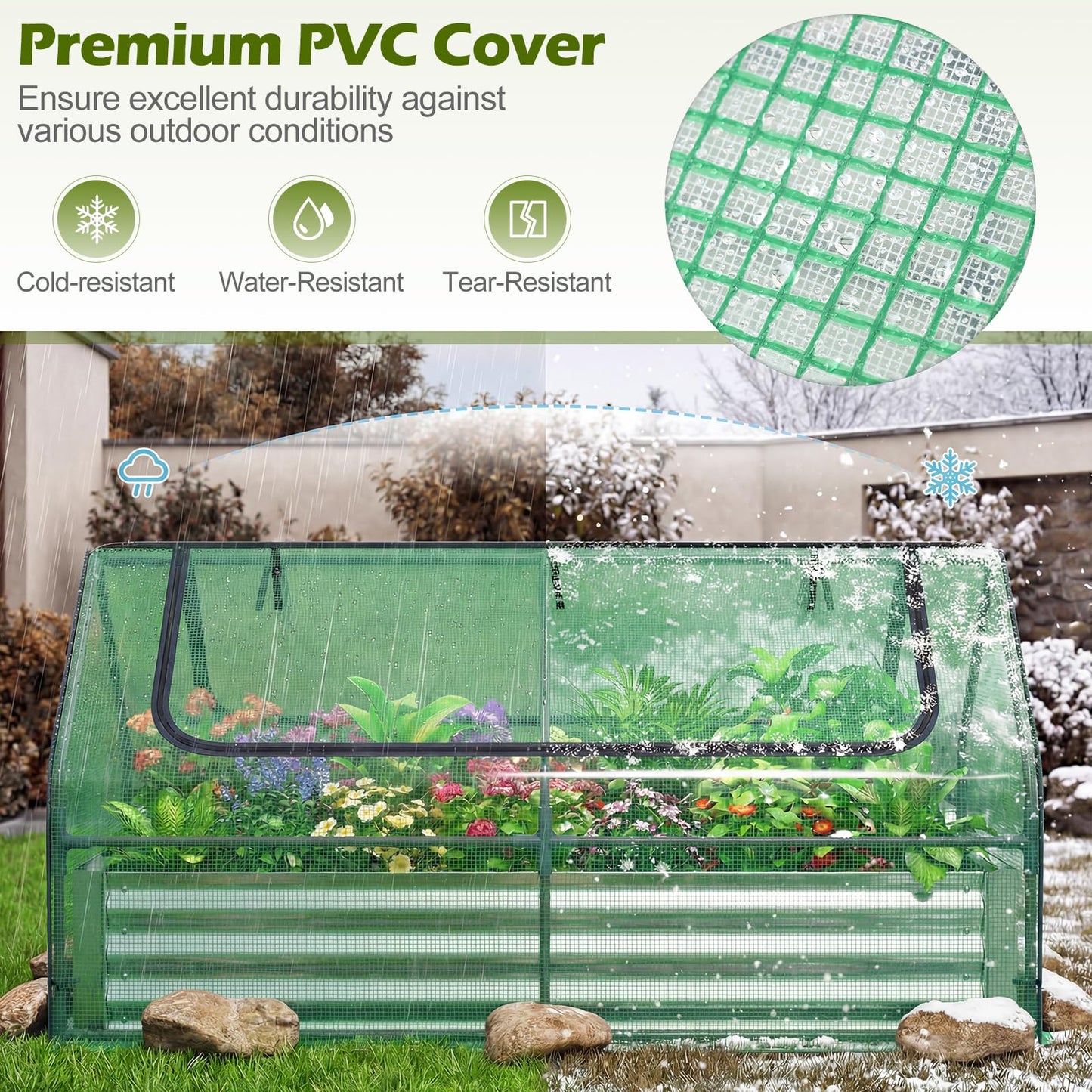 SAFSTAR Raised Garden Bed with Cover, 6FT x 3FT x 3FT Galvanized Bottomless Garden Bed with Greenhouse, Dual 2-Tier Roll-Up Windows, Outdoor Metal Planter Box Kit with Cover (Green)
