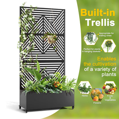 FENCY Metal Raised Garden Bed with Wheels and Trellis,73"x35"x16" Planter Box for Climbing Plants, Vegetables & Vines, Features Privacy Screen and Drainage Holes (Black-Modern)