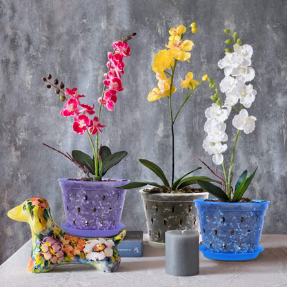 lanccona Orchid Pot, 6.7 Inch 8 Pack Orchid Pots with Holes and Saucers,Plastic Orchid Planter - Purple Amethyst