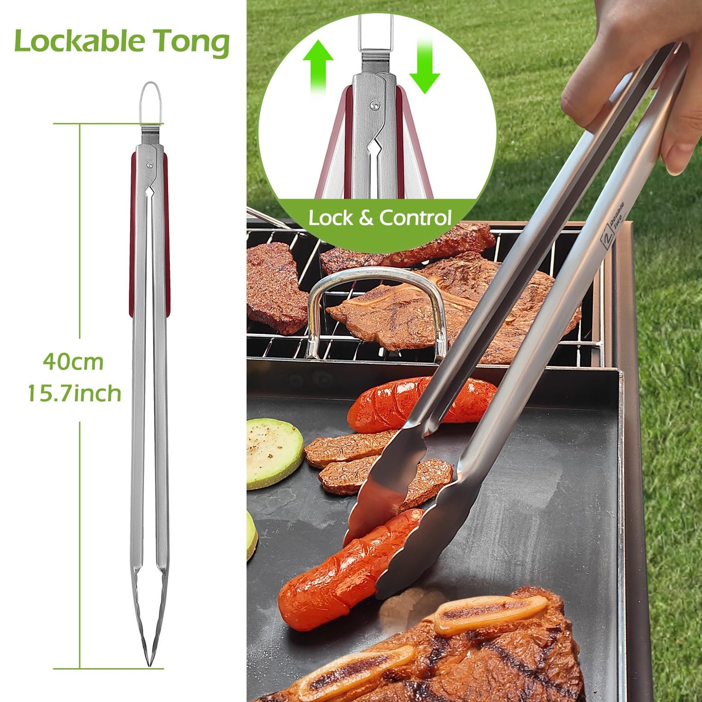 Double Two 4-Piece Stainless Steel BBQ Tool Set - Tong, Fork, Spatula, Brush - Utensils for Grill - Tools for Outdoor Grilling- BBQ Kits