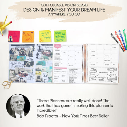 Manifestation Journal – Hourly, Weekly & Monthly Planner | 12-Month to Increase Productivity, Life Organizer & Goal Planner | Spiral Journal, Habit Tracker, Foldable Vision Board, Gift Box & Stickers