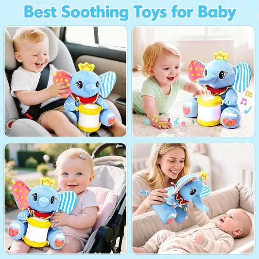 V-Opitos Stuffed Elephant Musical Toys for Baby 6-12 Months+, Early Learning Light up Music Drum, Perfect Christmas Birthday Gifts for Boy & Girl Age 1, 2 Years Old