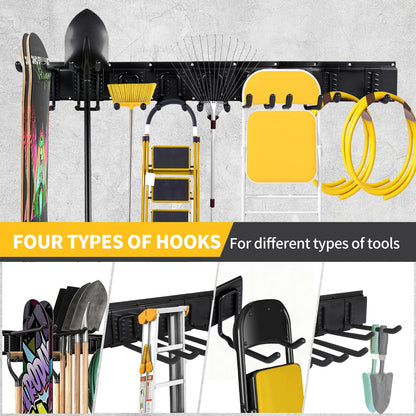 Dovalunetra 66'' Heavy-Duty Garage Tool Organizer Wall Mount – 720lbs Capacity Metal Rack with Adjustable Hooks for Rake, Broom, Shovel, Snowboard & Garden Tools