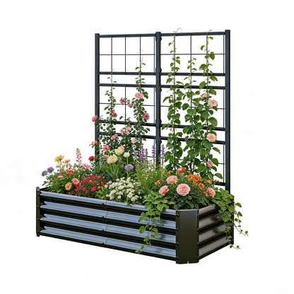 Galvanized Raised Garden Bed with Trellis for Climbing Plants Outdoor,Metal Vertical Garden Planter Box for Patio,Heavy Duty Elevated Garden Bed for Vegetables Tomatoes Cucumbers Flowers Herbs,Black