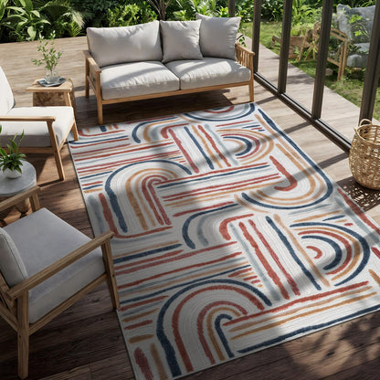 CAMILSON Indoor Outdoor Rug, Multicolor 10x14 Geometric Arch Striped Large Area Rugs for Patio and Home Areas, Easy-Cleaning Non-Shedding Living Room, Garden and Deck Washable Outside Carpet 10 x 14