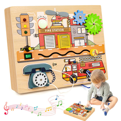 Wdmiya Montessori Busy Board for Toddlers 2-4, Fire Truck Activity Board with LED Lights & Sounds, Wooden Sensory Learning Toy with Rotary Phone, Helicopter & Gears, for 2 3 4 Year Old Boys Girls Gift