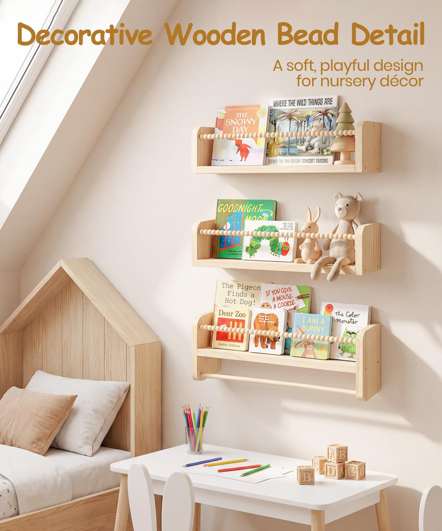 Mazjoaru Nursery Book Shelves for Wall Set of 3, Natural Wood Bookshelves Wall Decor, Small Floating Shelf Organizer for Kids Room, Bedroom, Kitchen Spice Rack
