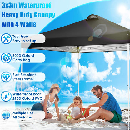 COBIZI Canopy 10x10 Pop Up Canopy Tent with 4 Sidewalls, One Push Party Tents for Parties Outdoor Wedding Waterproof Gazebo Commercial Event Tent with Sandbags, Classic Black