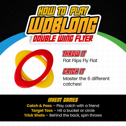 Woblong Double Wing Flyer – Aerodynamic Flying Disc for Families & Adults Playing Catch, Sports Toys for Beach Frisbee & Park Activities, Outdoor Toys for Teens & Frisbees for Adults (Y, BLK, B, R)
