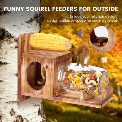 Squirrel Feeder, Wood Squirrel Feeders for Outside, Chipmunk Feeder for Corn Peanuts, Removable Storage Bottle, 1 Stable Squirrel Stools