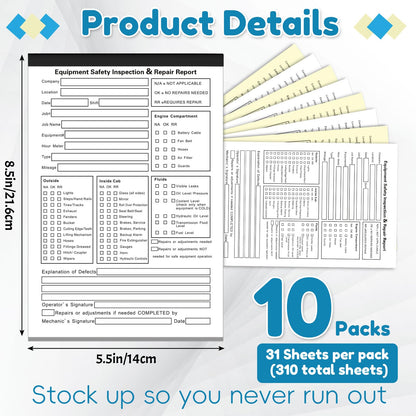Humyoun 10 Pack 5.5" x 8.5" Equipment Safety Inspection Report Detailed Driver's Vehicle Inspection Report Book Daily Pre Trip 2-ply, Carbonless, 31 Sets of Forms Per Book