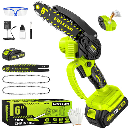 VOTLEMI Mini Chainsaw Cordless, 6 Inch Electric Chainsaw with 2000MAH Battery, 1000W Handheld Battery Powered Chain Saw with Auto Oiler, Gifts for Wood Cutting/Tree Trimming