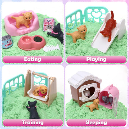 Lorfancy Cat Sandbox Toys Kids Play Sand Kit Toddler Sensory Bin Toy 2.2lbs Sand Pet Cat Figures Care Role Pretend Play Beach Toy Birthday Gift for Girls Boys 3 4 5 6 7 8 Years Old