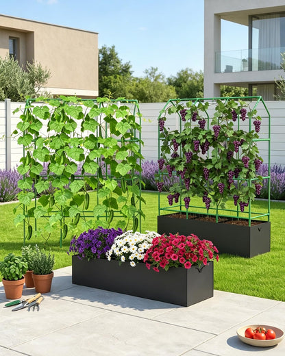 65" Cucumber Planter with Trellis for Climbing Plants Outdoor, Metal Garden Trellis for Raised Bed, Plant Support Structures with Netting for Cucumbers Tomatoes Beans Peas (50 * 17 * 65inch(L*W*H)