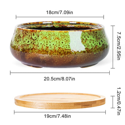 ARTKETTY Succulent Pots - Ceramic Bonsai Pots with Drainage, Large Shallow Succulent Planters for Indoor Outdoor Plants, Round Glazed Cactus Flower Plant Container Bowl Home Desk Decor