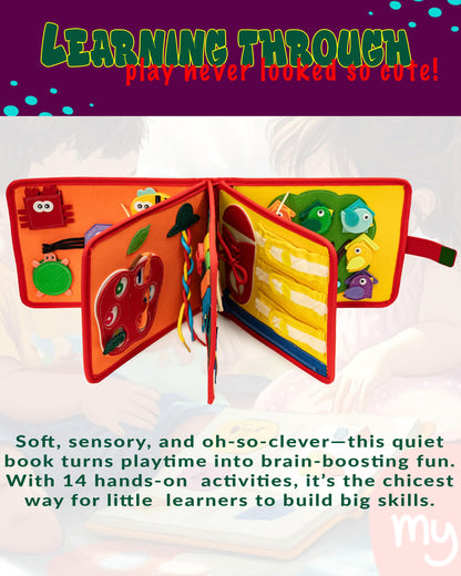 HappyVk Busy Book for Toddlers - Montessori Travel Toys with 13 Educational Activities - My Quiet Book - and A Felt Activity Board Game with 10 Weaving Strips